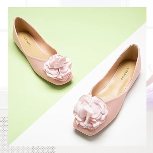 NWT - C. Paravano Eva - Square-toe Ballet Flats w/Flower Detail - Pink - Picture 2 of 6